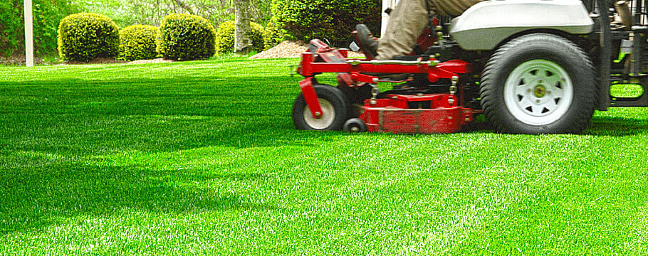 lush lawn and bushes landscaping red lawnmower with man on top black diamond landscapes arlington massachusetts